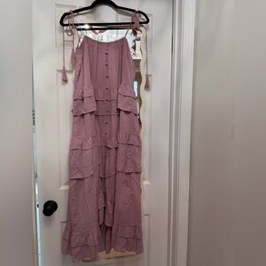 Mauve Tiered Ruffle Button-Front Maxi Dress